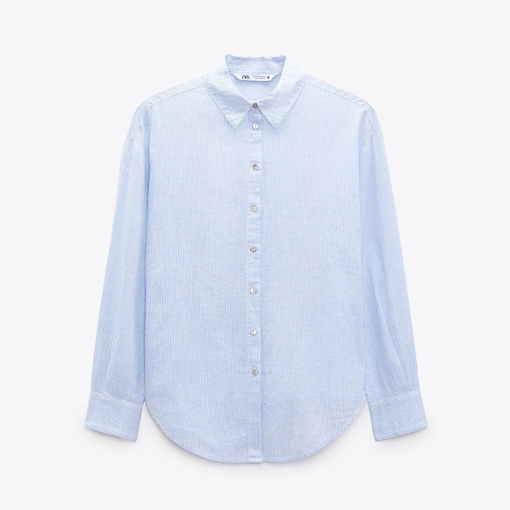 Zara Blue/White Striped Linen Blend Button Up Long Sleeve Shirt Women’s Size M